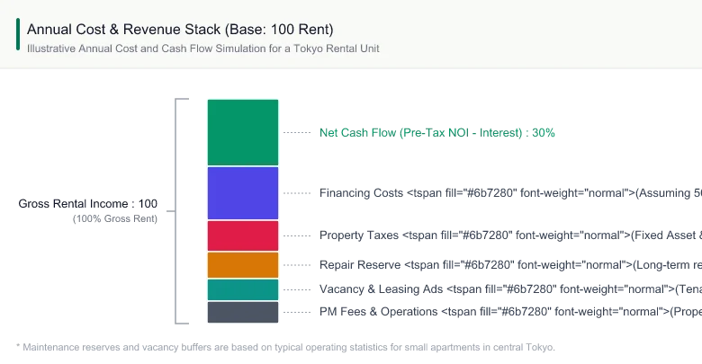 Illustrative annual cost stack for a small Tokyo rental unit