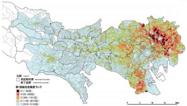 Map highlighting relative seismic vulnerability zones in the Tokyo area (based on Tokyo Metro survey materials)